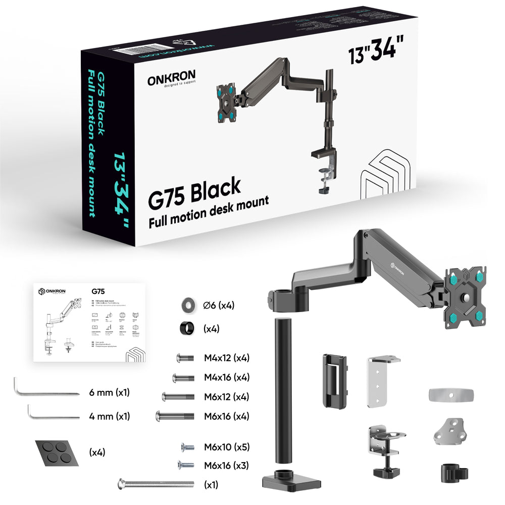 G75 noir, Support de bureau pour écrans de 13" à 34", 12 kg max