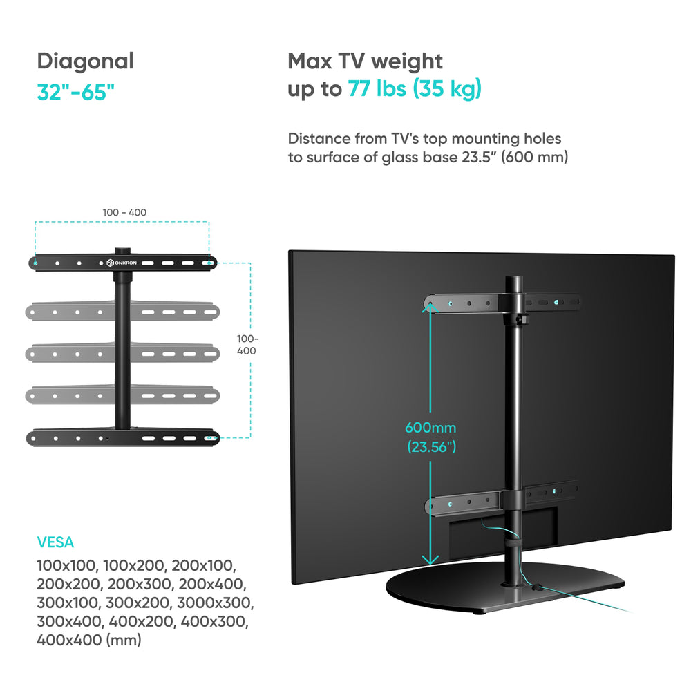 Support TV de bureau ONKRON pour 32"-65", max 35 kg, pivotant, noir PT2