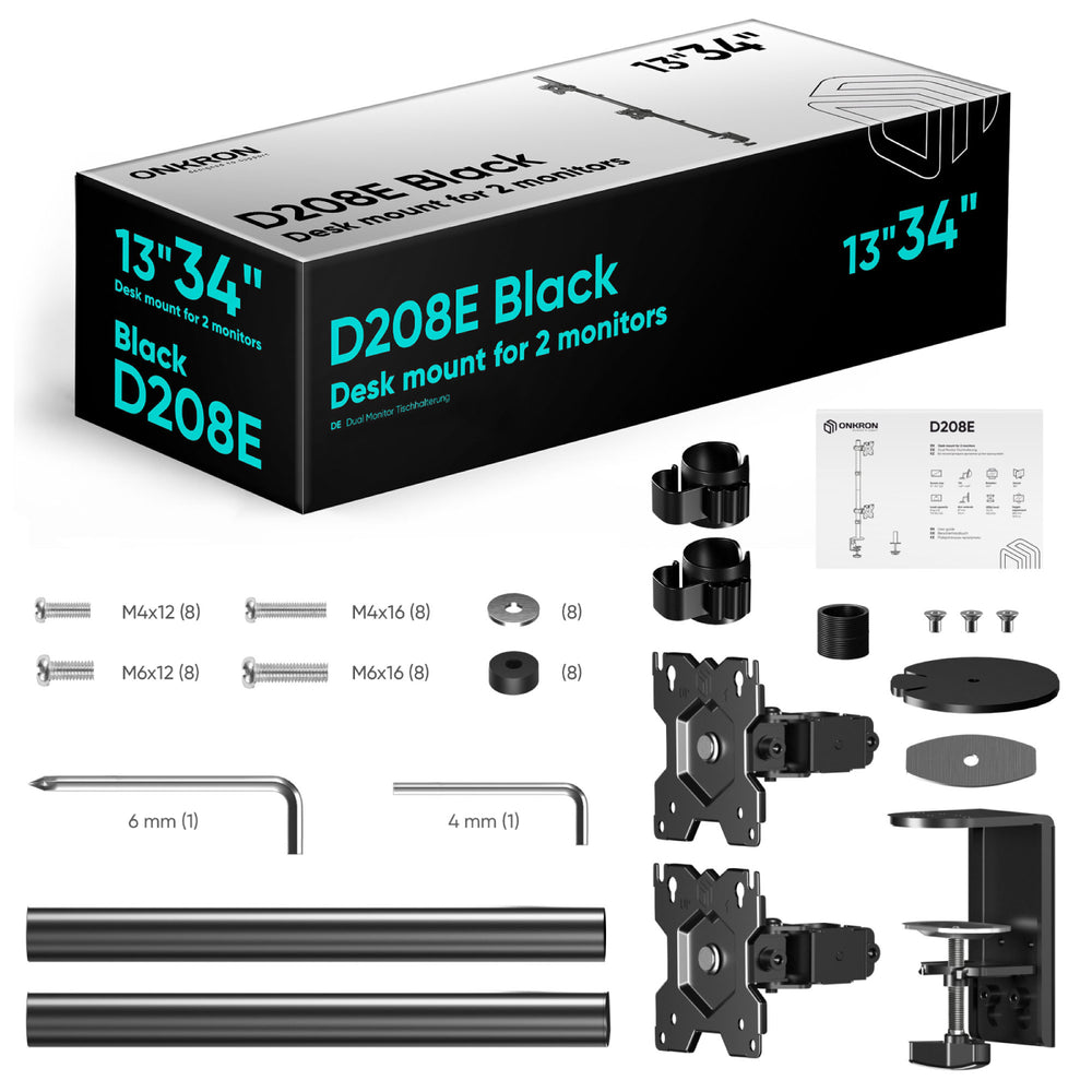 D208E Noir, Support de bureau pour 2 écrans de 13" à 34" et 8 kg chacun