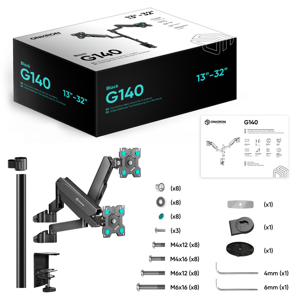 G140 Noir, Support de bureau pour 2 écrans LCD-LED de 13" à 32", 8 kg max