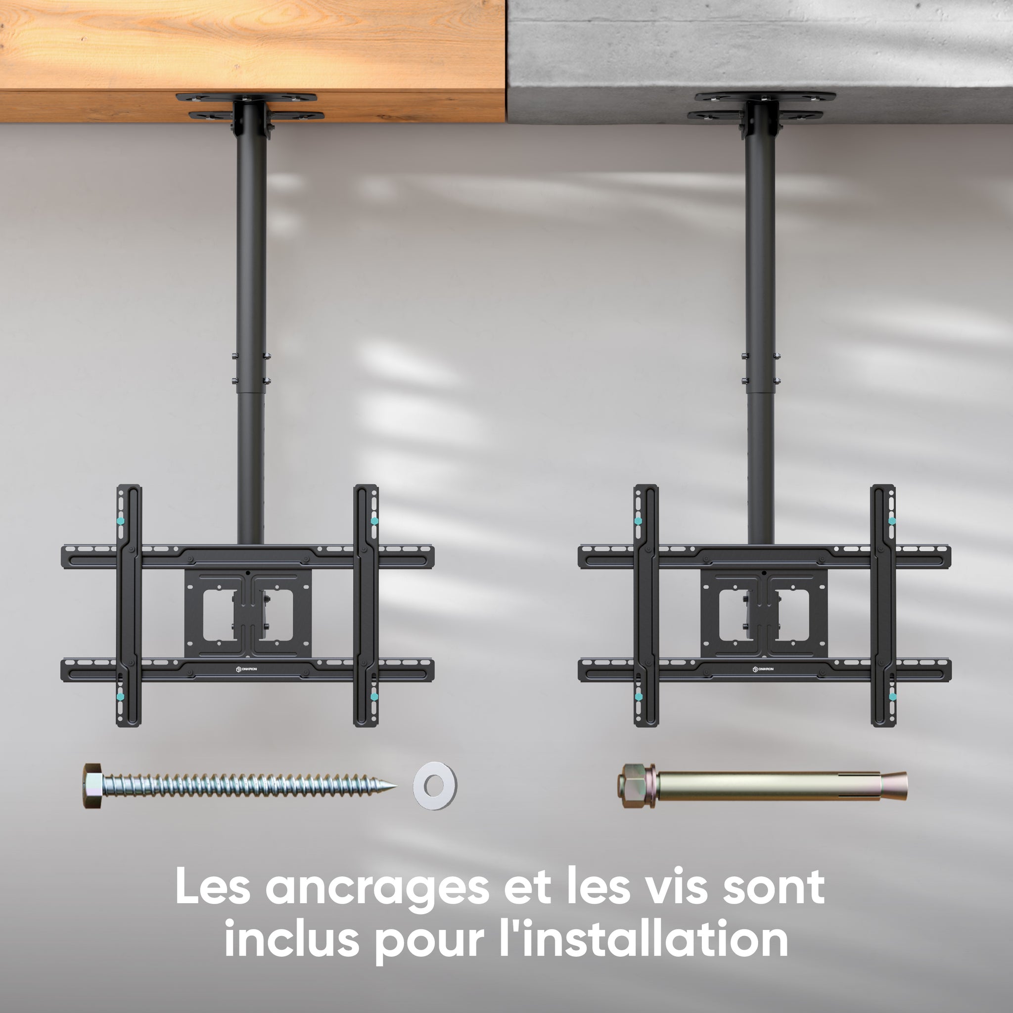 ONKRON Support TV Plafond Long pour 32 - 80 Ecran, Bras Articulé TV Plafond Poids de 68.2 kg - Support Plafond TV VESA 100x100-600x400/Bras Television Mural Plafond Inclinable Pivotant N2L-B Noir