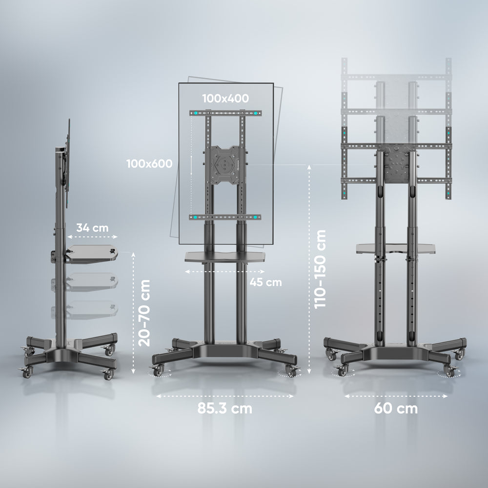 TS1351R Noir, Support TV à roulettes pour écrans de 32" à 65", 45kg max