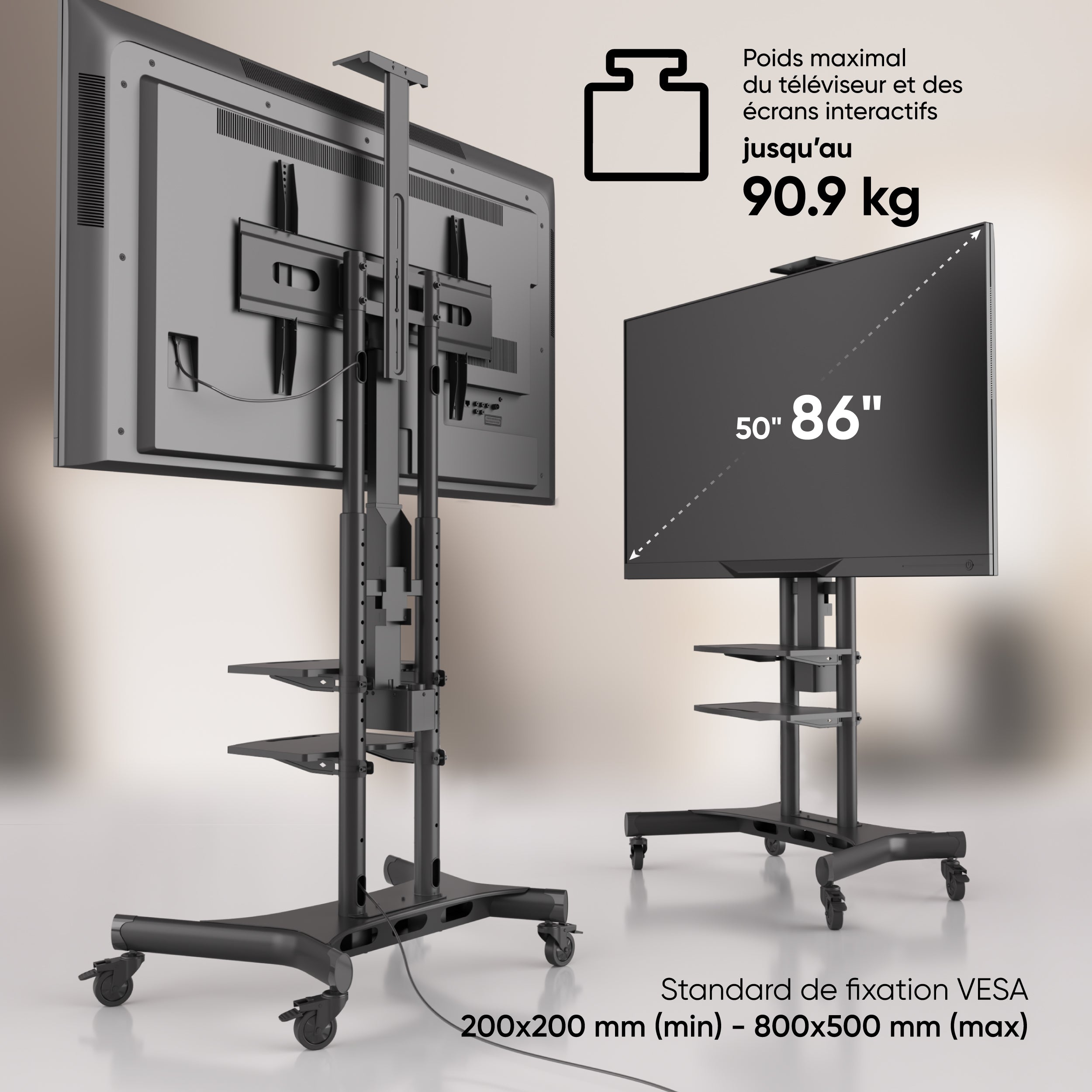 Support TV Mobile Sur Roulettes 40-85" – Charge 60 Kg, Étagère, Gestion Câbles, Noir Mat