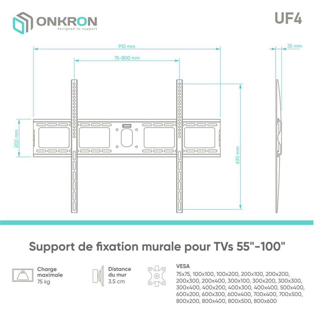 UF4-B Support TV mural fixe pour des écrans de 55 à 100 pouces 68 kg m